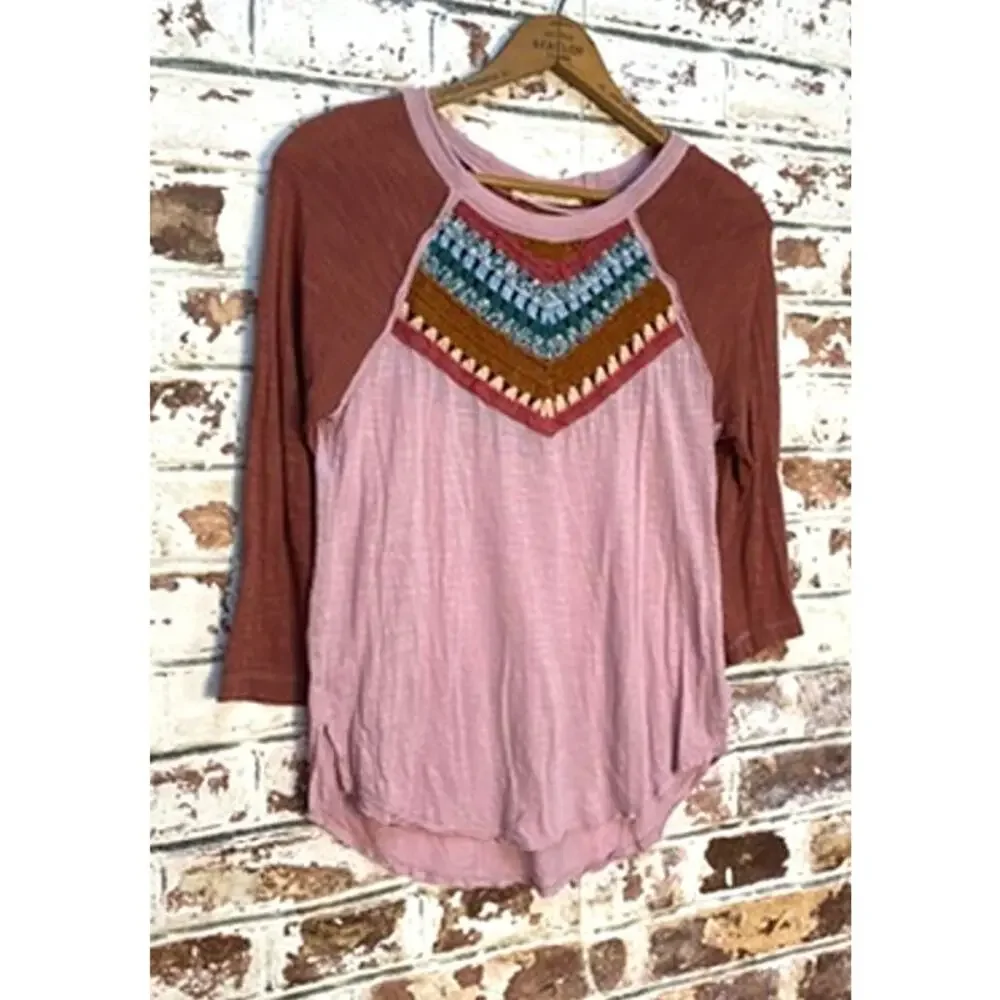 Free People Spring Bound Mauve Crochet Raglan Cotton & Linen Blouse